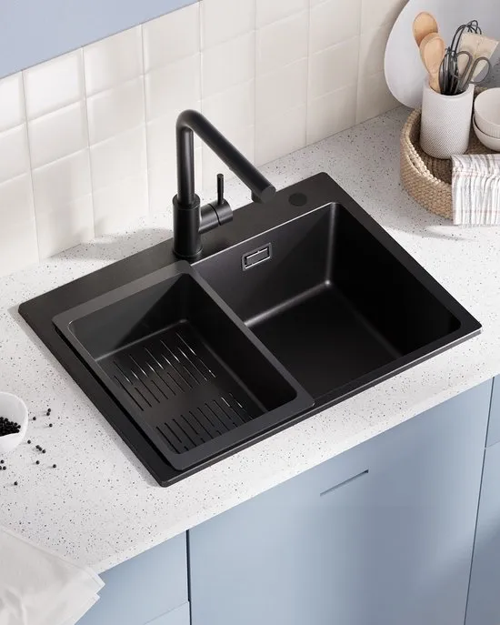 SOFETIY MAX Granieten spoelbakken (60x45 cm) - Spoelbak Keuken Zwart - Wasbak Keuken Met Waterafvoersysteem en Afdruiprek