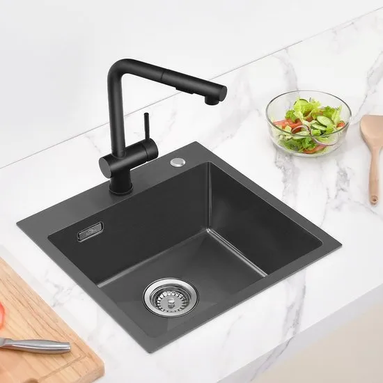 Auralum MAX Spoelbak Keuken 45x45 cm - Gootsteen Mat Zwart - Enkele Wasbak RVS - Inclusief Sifon & Afvoerzeefje - Opbouw & Vlakbouw