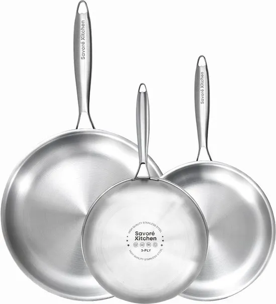 Savoré Kitchen 3-delige RVS Koekenpan Pannenset - Ø 20, 24, 28 cm Pannen - Inductie - Pan - Koekenpannen - Pannensets - Koekenpannenset