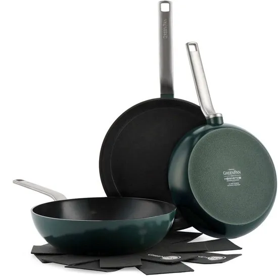 GreenPan Evolution Pannenset 3-delig - 24/28cm - 3.6L - PFAS-vrije antikleeflaag - Inductie pannenset - Keramische pan - Ovenbestendig tot 200°C - RVS handgrepen - Zonder deksel - Groen