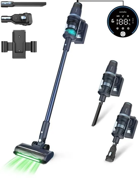 Samako Steelstofzuiger Draadloos - 450W - Kruimeldief - 3 Opzetstukken - Stofzuiger 32kPa zuigkracht - Zonder zak op accu - CleanDetect