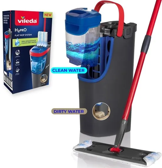 Vileda H2Pro Flatmop Systeem Complete dweilset, Twee gescheiden waterreservoirs, Waterbesparend ontwerp, Altijd schoon water