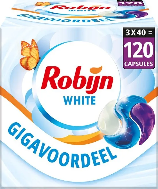 Robijn Wasmiddel - 3-in-1 Wascapsules - Stralend Wit - 3 x 40 stuks - 120 Wasbeurten - Voordeelverpakking