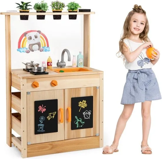 KOMFOTTEU Modderkeuken Houten - speelkeuken outdoor - met plantenpotten, kookplaten, afneembare spoelbak, krijtborden en accessoires - buitenkeuken - buiten speelkeuken - -voor tuin en binnenplaats - voor kinderen