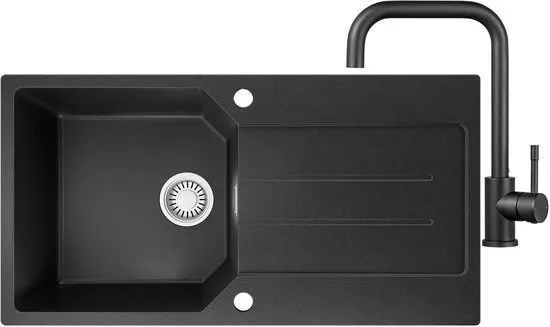 Anycee max Granieten spoelbakken (86x45CM) - Spoelbak Keuken Met Keukenkraan - Wasbak Keuken Met Waterafvoersysteem en Afdruiprek - Zwart