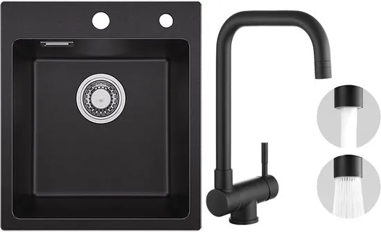 SOFETIY MAX Granieten spoelbakken 40*45cm - Spoelbak Keuken Met Kraan Keuken - Gootsteen Met Waterafvoersysteem - Wasbak Keuken - Zwart