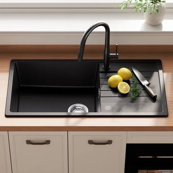 CECIPA MAX Spoelbak Keuken - Graniet Spoelbak 86x45CM Zwart - Spoelbakken Keuken- Spoelbakken Met Afdruip - Opbouw Spoelbak