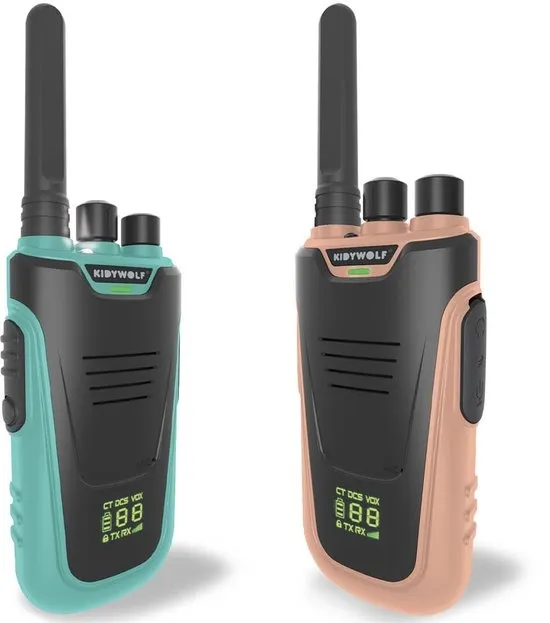 KIDYWOLF KIDYTALK Walkietalkies voor Kinderen - Set van 2 - Bereik tot 6 km - Oplaadbaar - Zaklamp & Verlicht Display - Nude & Cyan - 5+