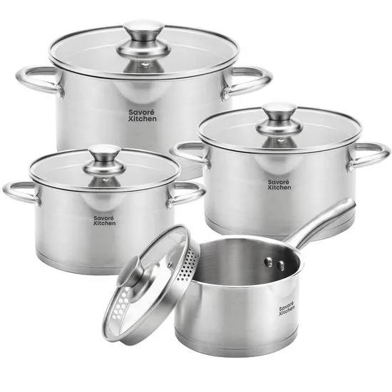 Savoré Kitchen 8-delige Pannenset - RVS Kookpannen met Glazen Deksel - Inductie Pannen - Afgietrand, Maatverdeling en Schenktuit