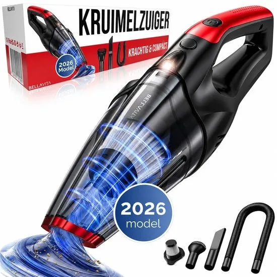 BELLAVITA ® Kruimelzuiger - Kruimeldief - 2026 Model - Handstofzuiger - Snoerloos - Kruimelzuiger Nat & Droog - 3 Opzetstukken - HEPA Filter - LED Verlichting - Extra Krachtig - Auto - Stofzuiger