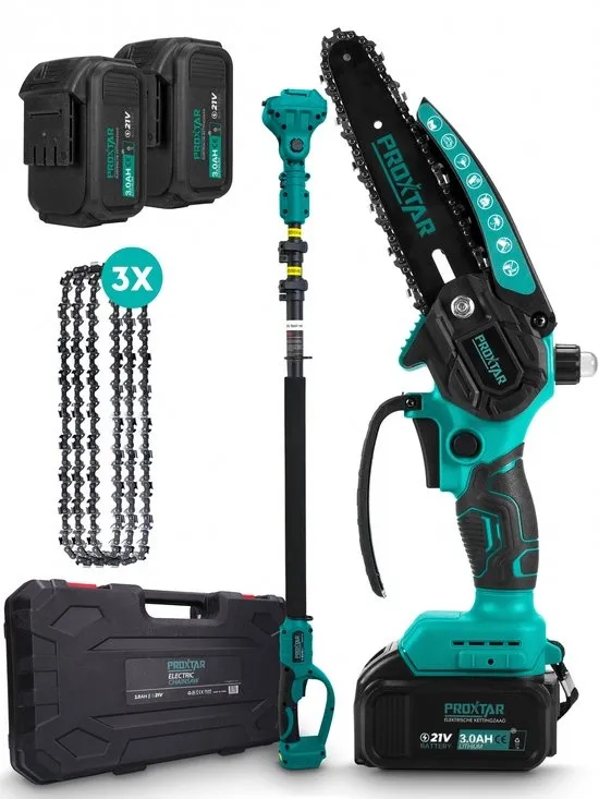 ProXtar Mini Kettingzaag + Telescopische Steel - 6 Inch- Kettingzaag - Snoeizaag - Takkenzaag - Handzaag - Inclusief Opbergkoffer, 2 Accu's & 3 Kettingen - Automatische Kettingsmering - Brushless