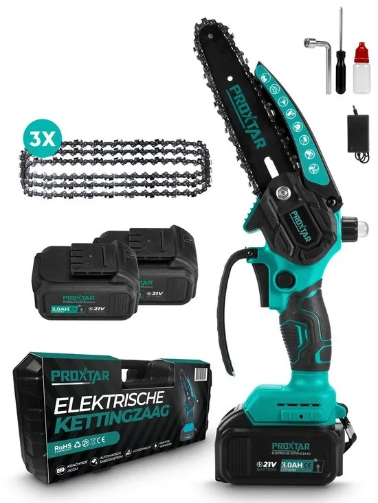 ProXtar Mini Kettingzaag - Kettingzaag - Snoeizaag - Takkenzaag - Handzaag - Inclusief Opbergkoffer, 2 Accu's & 3 Kettingen - Automatische Kettingsmering - Brushless