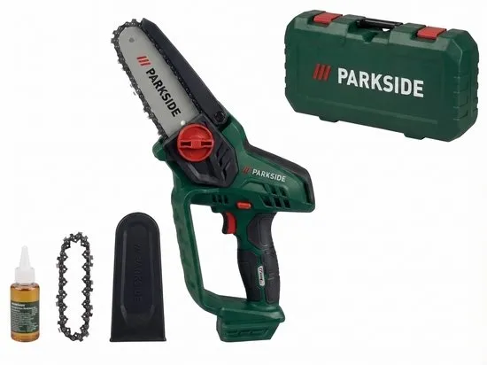 PARKSIDE® Accu-houtzaag 20V zonder accu - Kettingsnelheid: 8 m/s - Snijlengte: ca. 16 cm - Voor het snoeien van bomen en struiken en het versnipperen van groenafval -Mini Kettingzaag - Heggenschaar - Handkettingzaag - Snoeizaag - Takkenzaag