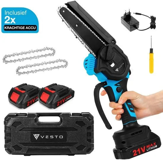Vesto® Mini kettingzaag – Draadloos Inclusief 2 Led-Accu's – Heggenschaar Accu - Elektrisch Handkettingzaag - Snoeizaag - Takkenzaag - Handzaag - Boomzaag