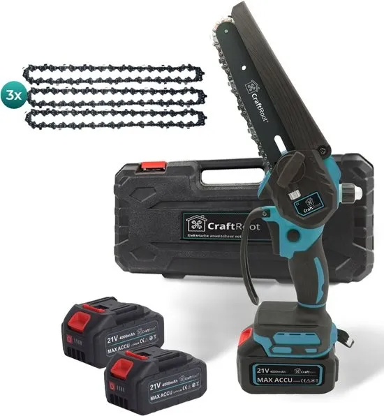 CraftRoot Elektrische Mini Kettingzaag - Draadloze Compacte Kettingzaag met Automatische Kettingsmering - Handkettingzaag - Snoeizaag - Takkenzaag - 2x 4.0Ah Accu's - Opberg Koffer - Brushless