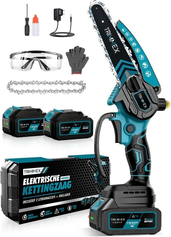 Trimmex® Mini kettingzaag Inclusief 2 Led-Accu's - 2X 4000mAh - Elektrisch Handkettingzaag - Snoeizaag - Takkenzaag - Handzaag - Boomzaag - Automatische Kettingsmering - Brushless