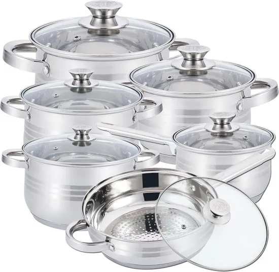 Pannenset – 12-Delig – Voor Inductie en Gas – Vaatwasser Bestendig – RVS met Glazen Deksels