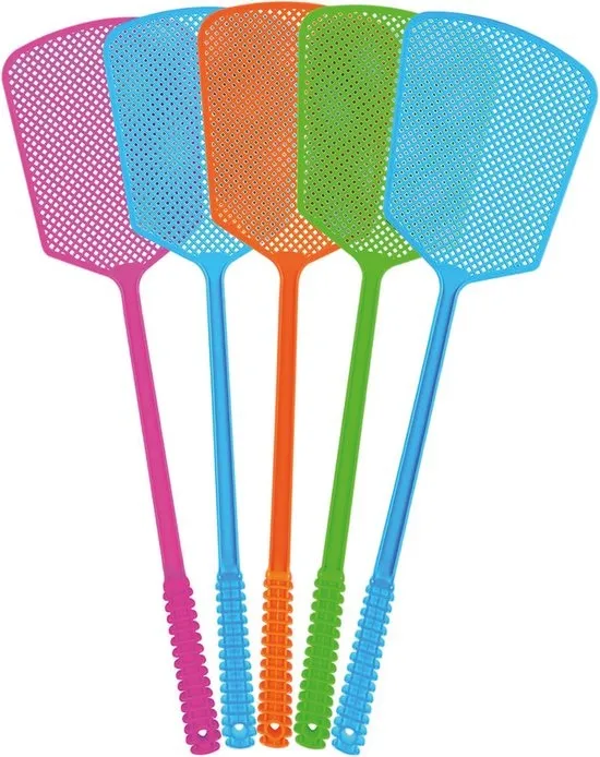 Bondoo Vliegenmepper Plastic 5 stuks - Vliegenvanger - Grote Slagkop – Lange Steel – Stevig Kunststof – Vliegenmepper voor Binnen en Buiten - Roze/Blauw/Oranje/Groen