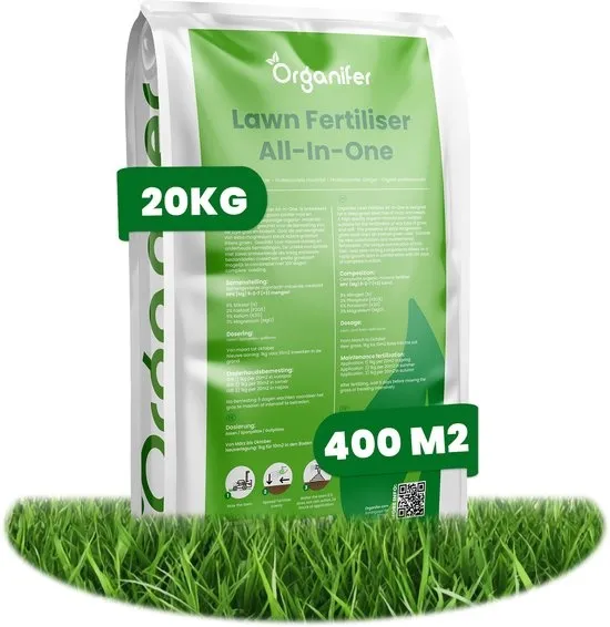 Gazonmest All-In-One (20kg, 400m2) - Voor een Diepgroen Sterk Gazon Zonder Mos en Onkruid - Gazonmeststof - Gazon Kalk - Meststof Gazon - Gras Mest - Bodemverbeteraar - Organifer
