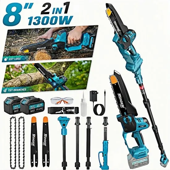 2-in-1 Draadloze Mini Kettingzaag met Telescopische Verlengstok, 1300W Borstelloze Motor, 8 Inch Zaagblad, 2x 21V 4000mAh Accu, Automatische Kettingsmering, 180° Draaibare Kop, Tot 4 m Bereik, Incl. 2 Kettingen