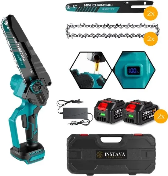 Instava Mini Kettingzaag 20cm – Accu Kettingzaag – Incl. 2 Accu’s (4.0Ah) – Takkenzaag – Geschikt voor Makita LXT 18V – Complete Set met Koffer & Accessoires
