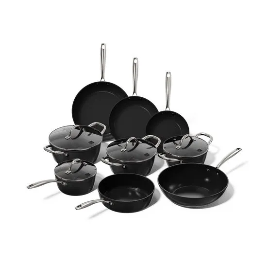 Cook & Pan 9-Delige Pannenset Zwart - PFAS vrij - Alle Warmtebronnen - Pannen Set met 7 jaar Garantie - Krasbestendige Anti Aanbaklaag - Vaatwasserbestendig - Gas, Inductie, Elektrisch, Oven - Koekenpan, Wokpan, Steelpan, Hapjespan, Kookpot