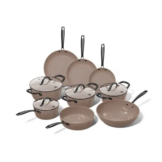 Cook & Pan 9-Delige Pannenset Taupe of Mind - PFAS vrij - Alle Warmtebronnen - Pannen Set met 7 jaar Garantie - Krasbestendige Anti Aanbaklaag - Vaatwasserbestendig - Gas, Inductie, Elektrisch, Oven - Koekenpan, Wokpan, Steelpan, Hapjespan, Kookpot