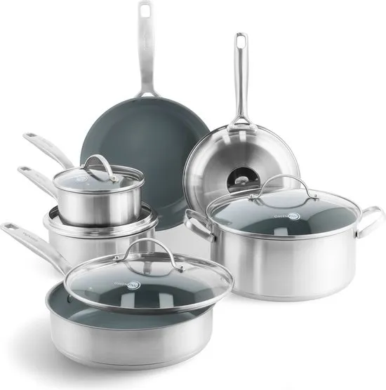 GreenPan Treviso Pannenset 10-delig - PFAS-vrije antikleeflaag - Pannenset inductie - Keramische pan - Ovenbestendig tot 220°C - RVS - Met deksel - Zilver
