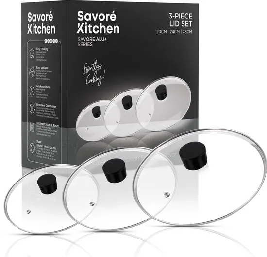 Savoré Kitchen 3-delige Pannendeksel Set - Ø 20, 24 & 28 cm - Deksel - Pandeksel - Potdeksel - Pannendeksel - Deksels - Zwart