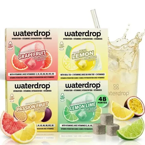 waterdrop® Microdrink Tropical Set – 48 hydratatieblokjes voor water met fruitsmaak - Grapefruit, Limoen, Passievrucht & Ice Tea Citroen– Zonder suiker, met vitamine B+C & vegan