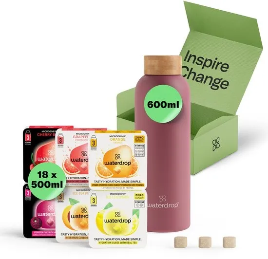 waterdrop® Starterset Metalen - Mat Roze -Metalen Thermosfles 600ml + 18 Microdrink Bruistabletten – Geïsoleerde Drinkfles RVS, Lekvrij, BPA-vrij, Voor Sport, Werk, Reizen, School – Hydratatie Set, Cadeau Idee