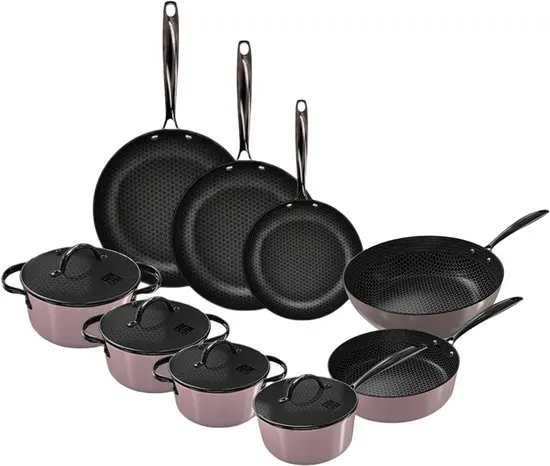 Cook & Pan Honey 9-Delige Pannenset Taupe of Mind - PFAS vrij - Geschikt voor Inductie - Pannen Set met 7 jaar Garantie - Krasbestendige Anti Aanbaklaag - Vaatwasserbestendig - Koekenpan, Wokpan, Steelpan, Hapjespan, Kookpot