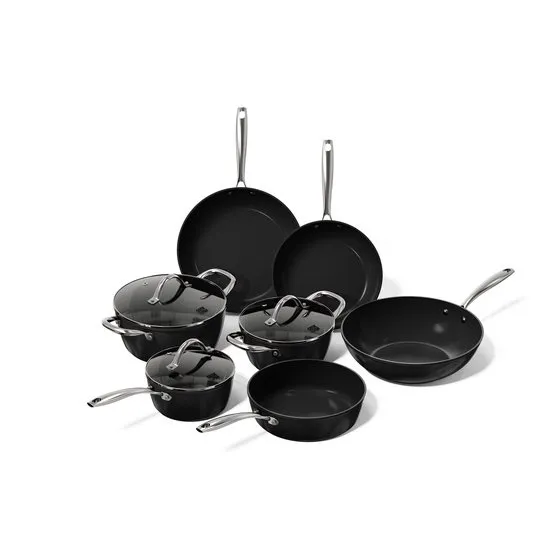 Cook & Pan 7-Delige Pannenset Zwart - PFAS vrij - Alle Warmtebronnen - Pannen Set met 7 jaar Garantie - Krasbestendige Anti Aanbaklaag - Vaatwasserbestendig - Gas, Inductie, Elektrisch, Oven - Koekenpan, Wokpan, Steelpan, Hapjespan, Kookpot