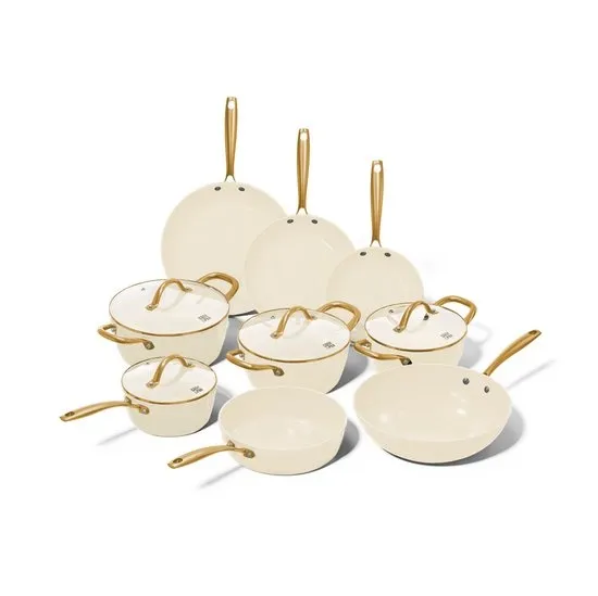 Cook & Pan Vanilla Pannenset 9-delig PFAS vrij - Beige met Gouden Handgrepen - Alle Warmtebronnen - Krasbestendige Anti Aanbaklaag - Vaatwasserbestendig - Gas, Inductie, Elektrisch, Oven - Pannen set - Koekenpan, Wokpan, Steelpan, Hapjespan, Kookpot