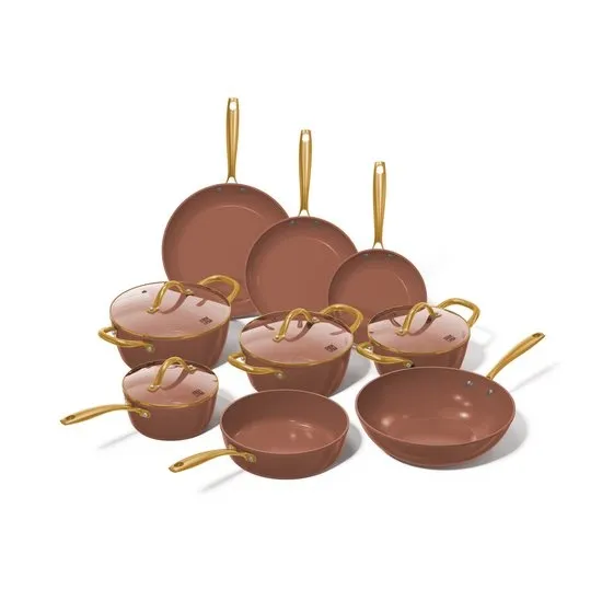 Cook & Pan Sienna Pannenset 9-delig PFAS vrij - Oud Roze met Gouden Handgrepen - Alle Warmtebronnen - Krasbestendige Anti Aanbaklaag - Vaatwasserbestendig - Gas, Inductie, Elektrisch, Oven - Pannen set - Koekenpan Wokpan Steelpan Hapjespan Kookpot
