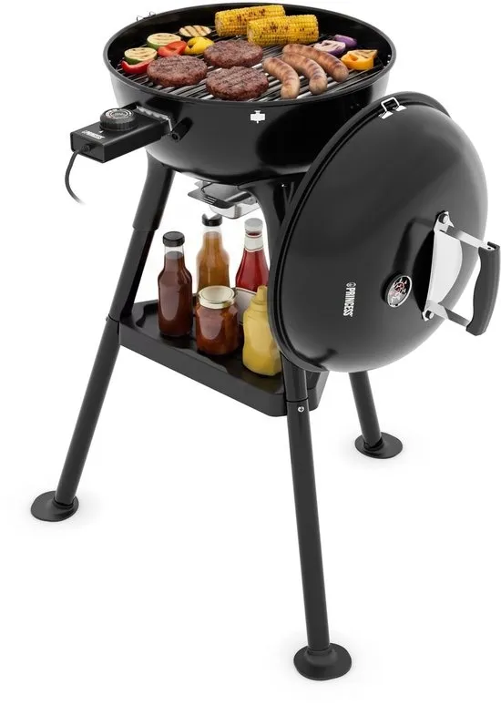 Princess Hybride Kogel BBQ - Elektrische en Houtskool Barbecue - 2000W - Verstelbare Afneembare Thermostaat - Grillrooster met coating - Deksel met Ingebouwde Thermometer - 112270