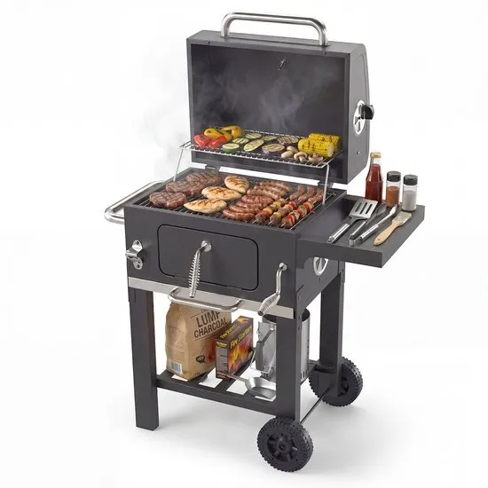 KitchenBrothers Houtskool BBQ Midi - Barbecue Houtskool - RVS Grillroosters - PFAS-Vrij - Met Aslade - 30x40 cm Grilloppervlak - Zwart