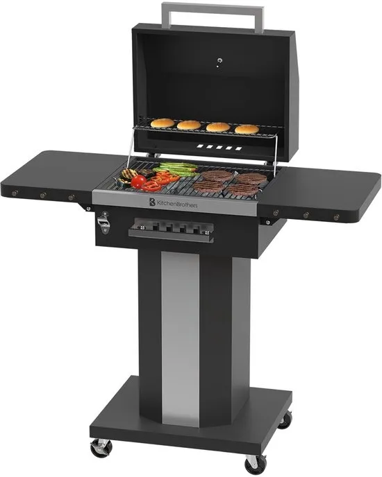 KitchenBrothers Houtskool BBQ – Barbecue Staande Grill - met Wielen – PFAS Vrij - RVS Grillrooster - Houtskool Barbecue met Deksel - Zwart