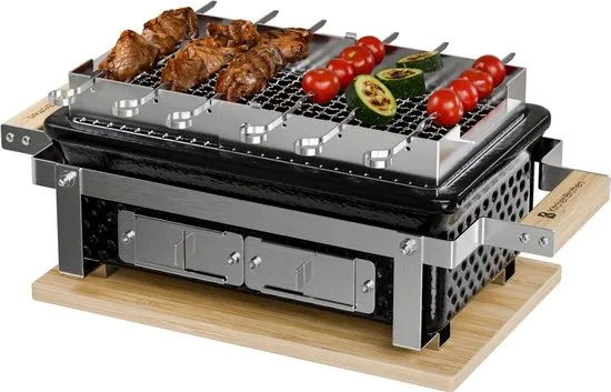 KitchenBrothers Kamado Hibachi Grill - Met Grillrek en Stokjes - Houtskool Barbecue - PFAS-vrij - Shichirin Tafelgrill - Rechthoekige BBQ - Keramische Barbecue - Zwart