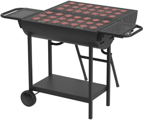 KitchenBrothers 2-in-1 Houtskool BBQ XL - Verstelbare luchtroosters - PFAS Vrij - Dubbele BBQ - Zijtafels - Grillrooster BBQ - Zwart