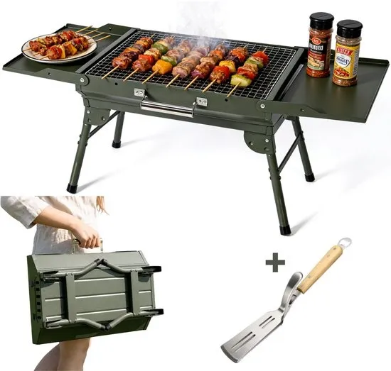 KHYR® CARRYFIRE BBQ Grill – NIEUW mei 2026 - Opvouwbare Draagbare Houtskool BBQ Grill – Portable Camping Barbecue – Tafel Barbeque - Draagbare Grill met Zijtafels – 45 x 30 cm Grilloppervlak – Voor Camping, Tuin, Outdoor BBQ - incl. Grijp spatel