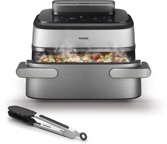 Philips Airfryer Megabasket Met Stoomfunctie 5000-serie – NA565/02 – PFAS vrij - Enkele mand óf Dubbele Mand - SteamClean – 9,5L – Tot 8 Personen – Inclusief Tang