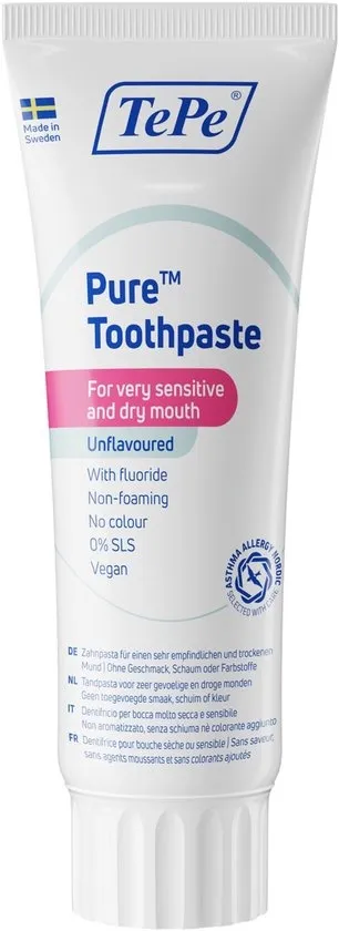 TePe Pure™ Tandpasta – Unflavoured – tandpasta zonder smaak – fluoride tandpasta voor gevoelig tandvlees en droge mond klachten – 75 ml