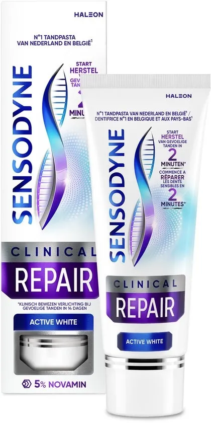 Sensodyne Clinical Repair Active White - Tandpasta - Gevoelige Tanden - Met 5% Novamin - Beschermt tegen gevoeligheid - Start herstel in 2 minuten - Bevat Fluoride - Frisse Muntsmaak - 75ml