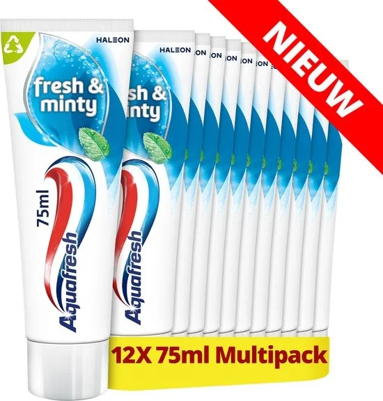 Aquafresh Fresh & Minty 3-in-1 - Tandpasta - Sterke Tanden & Gezond Tandvlees - Frisse Adem - Bevat Fluoride - Frisse Muntsmaak - Voordeelverpakking 12 x 75ml