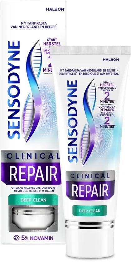 Sensodyne Clinical Repair Deep Clean - Tandpasta - Gevoelige Tanden - Met 5% Novamin - Beschermt tegen gevoeligheid - Start herstel in 2 minuten - Bevat Fluoride - 32% betere reiniging for deep clean - Frisse Muntsmaak - 75ml