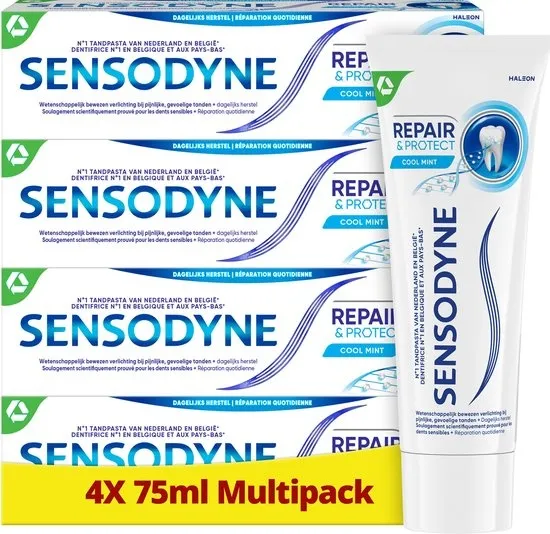 Sensodyne Repair & Protect Cool Mint - Tandpasta - Gevoelige Tanden - Herstelt gevoelige tanden & Verlicht pijnlijke gevoeligheid - Novamin Formule - Bevat Fluoride - Muntsmaak - Voordeelverpakking 4 x 75ml