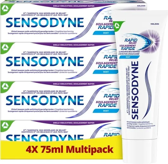 Sensodyne Rapid Relief Mint - Tandpasta - Gevoelige Tanden - 24/7 Bescherming tegen gevoeligheid - Bevat Fluoride - Muntsmaak - Voordeelverpakking 4 x 75ml