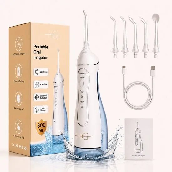 HG Aesthetics Waterflosser - JetFloss - Flosapparaat - Monddouche - Draadloos – USB-C Oplaadbaar – 300 ml Waterreservoir – IPX7 Waterdicht – 5 Drukstanden & 5 Opzetstukken – Geschikt voor Gevoelig Tandvlees & Beugels