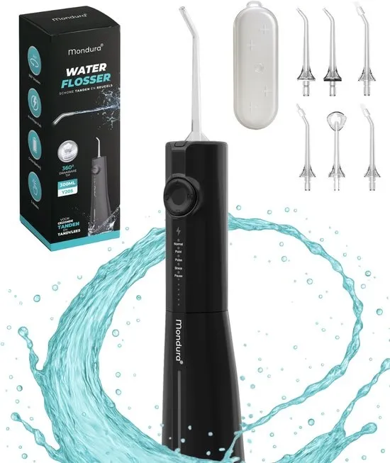 Mondura® Black series - Waterflosser Draadloos - Monddouche - Elektrische Water Flosser - Flosapparaat – 6 opzetstukken - 300 ml – 5 standen - Zwart